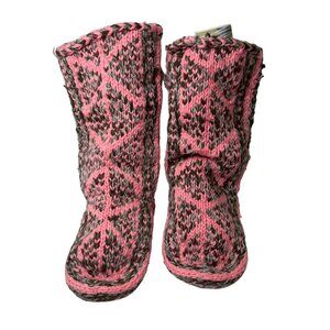 Handmade Pink and Gray Knitted Slippers High Calf 17d
